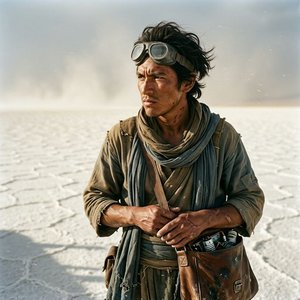 Marek, amber-eyed desert runner with chemical scars, scanning the horizon