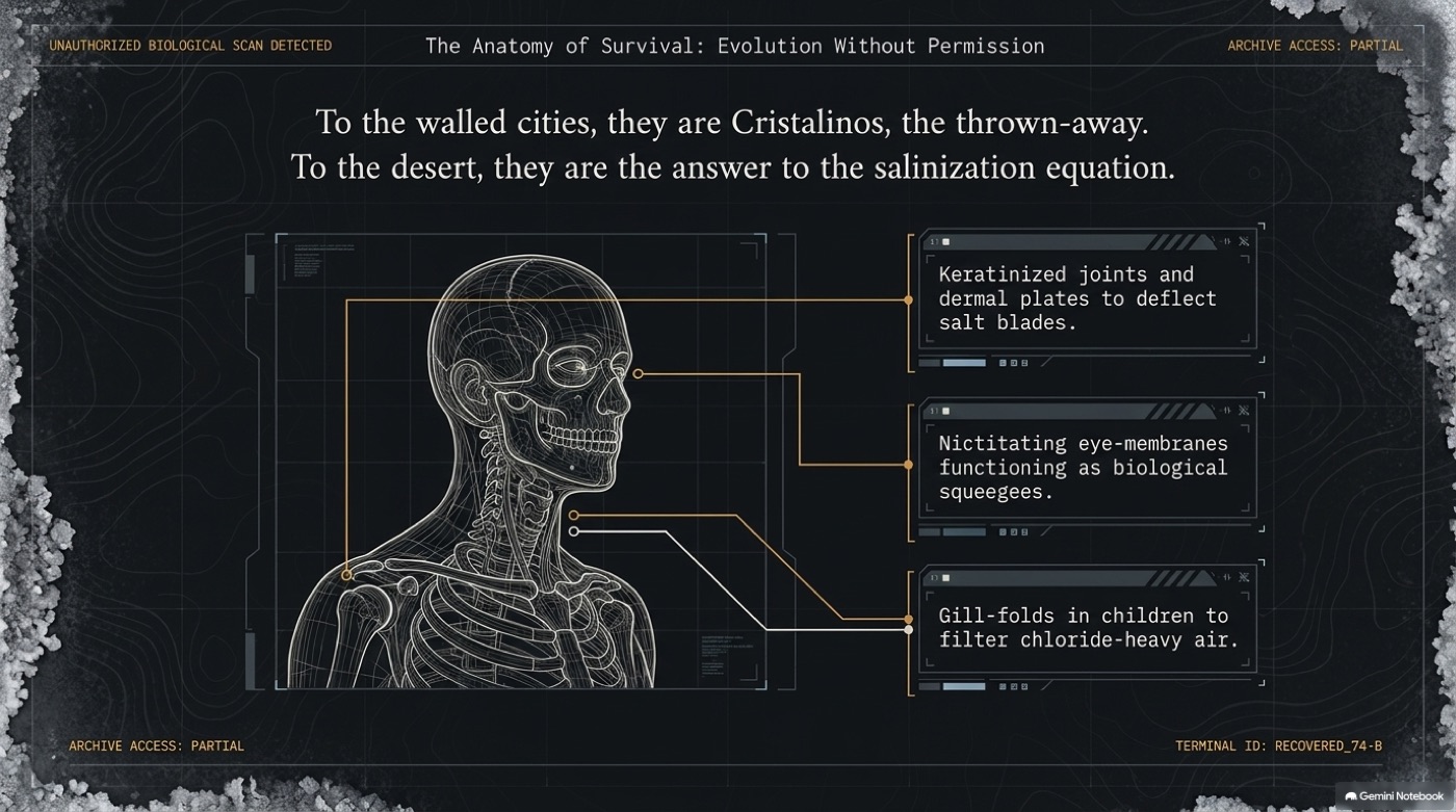 Diagram titled The Anatomy of Survival, showing keratinized joints, nictitating eye-membranes and gill-folds adapted for the salt wastes