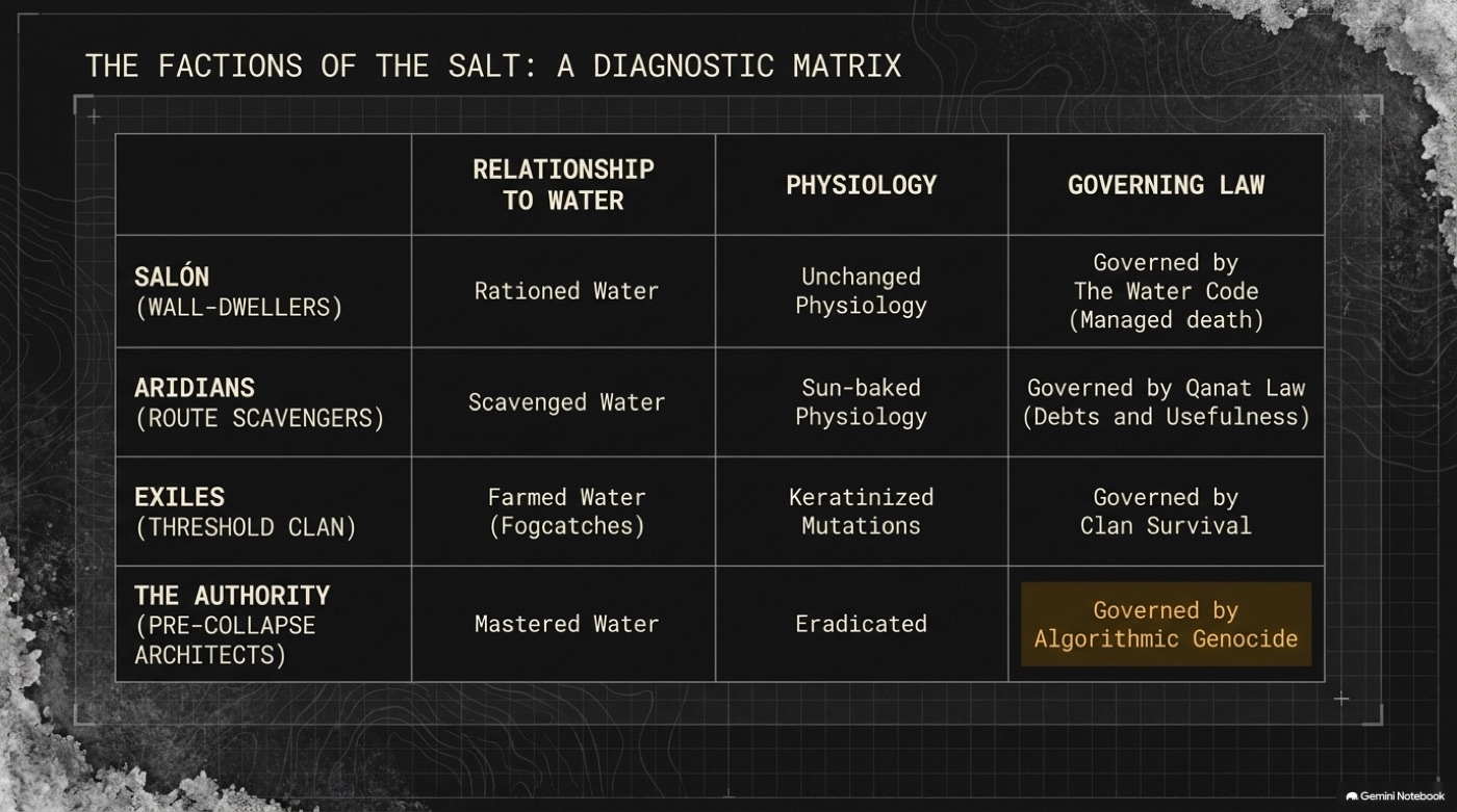 Diagnostic matrix comparing Salón, the Aridians, the Exiles and the pre-Collapse Authority by relationship to water, physiology and governing law