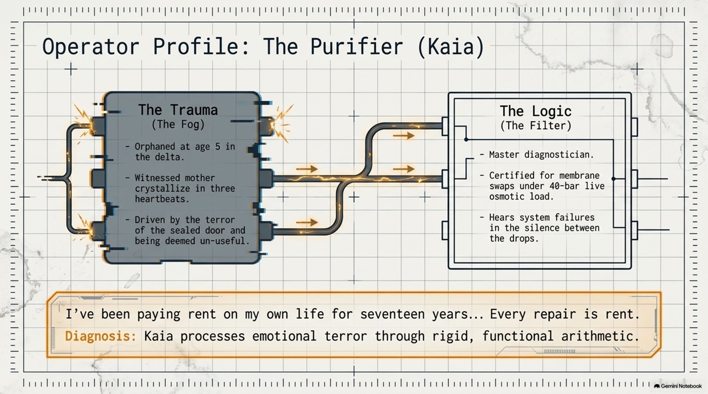 Operator Profile file for Kaia, the Purifier, listing her trauma and her diagnostic logic side by side