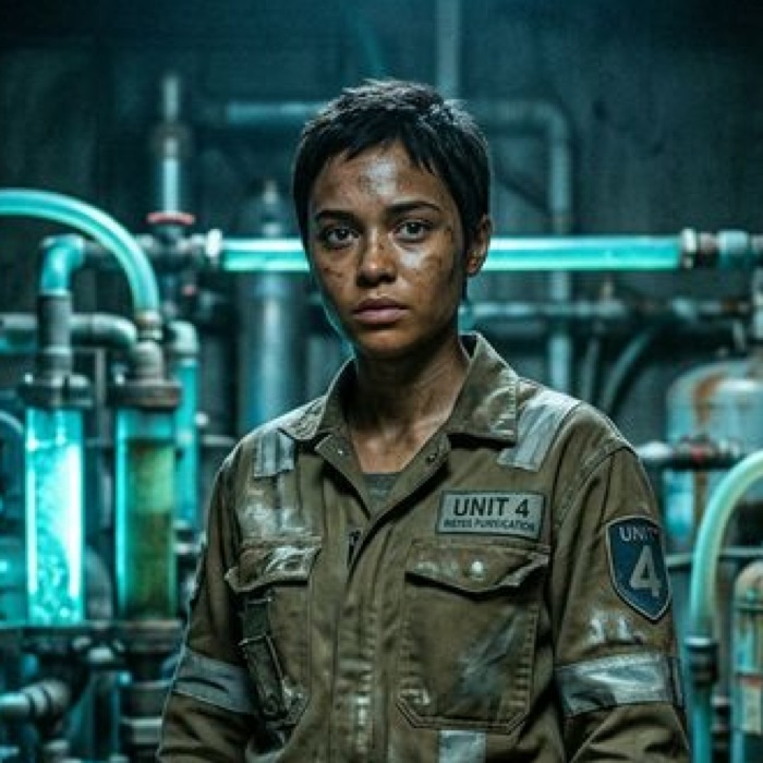 Portrait of Kaia, the Purifier, in her UNIT 4 water purification uniform