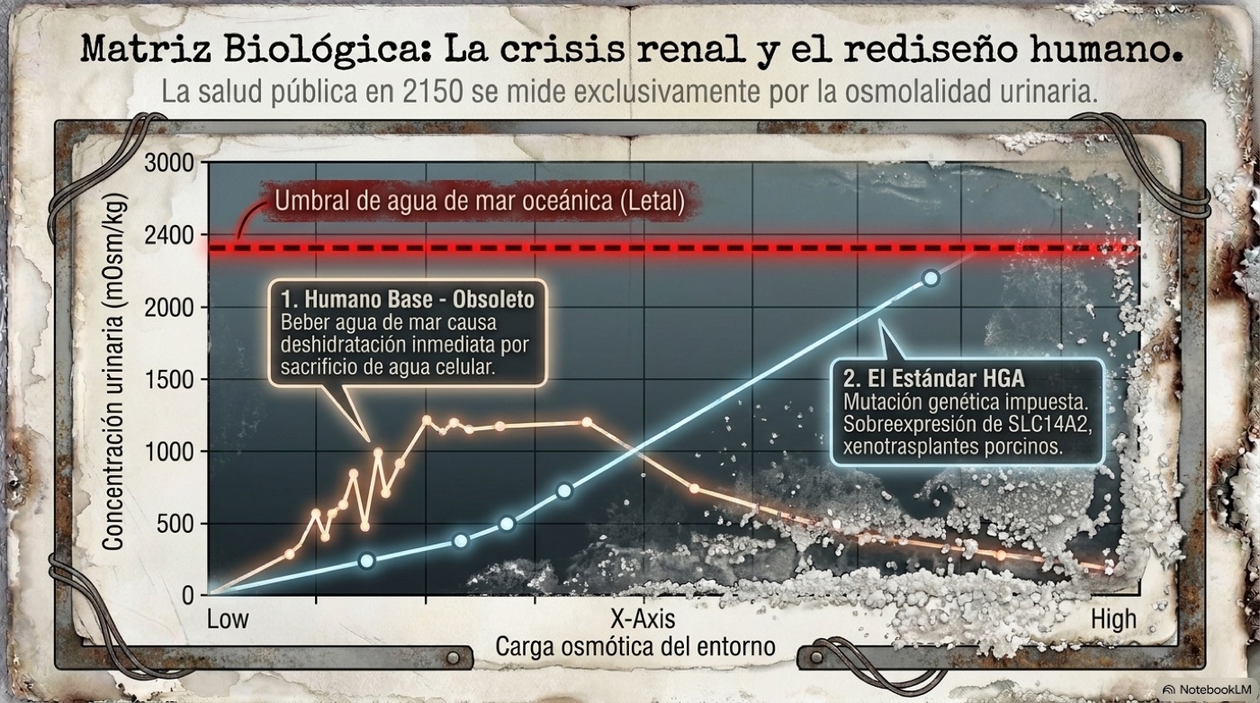 Chart titled Biological Matrix, the renal crisis and the human redesign, plotting urinary osmolality against environmental osmotic load