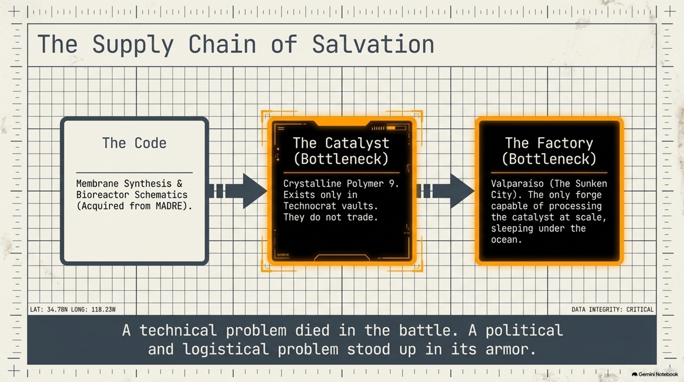 Diagram titled The Supply Chain of Salvation, tracing the membrane technology from MADRE's code through a Technocrat catalyst to a sunken forge in Valparaíso