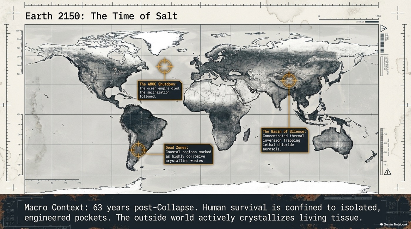 Map titled Earth 2150: The Time of Salt, marking the AMOC shutdown, the Basin of Silence, and coastal dead zones